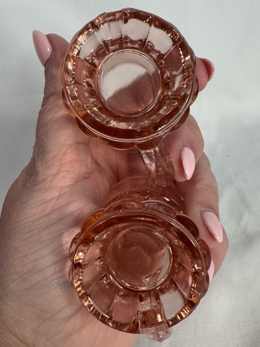 Vintage Pink Depression Glass Mini Mug Shot Glass Set of 2 | Toothpick Holders - Picture 4 of 7